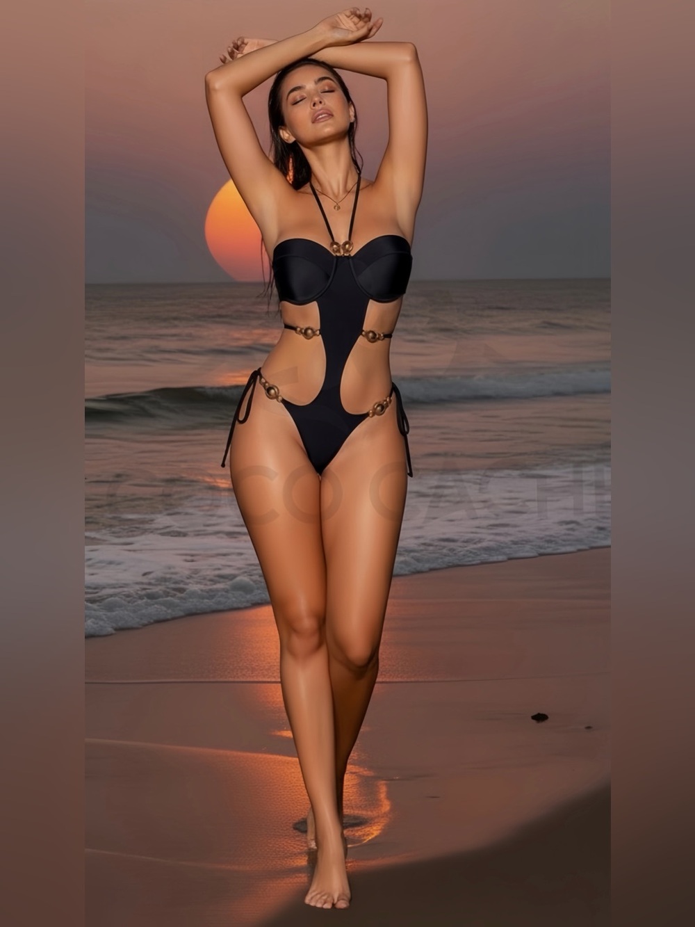 Hot Summer Night Cut-Out Embellished One Piece Halter Swimsuit Bikini - Picture 5 of 10